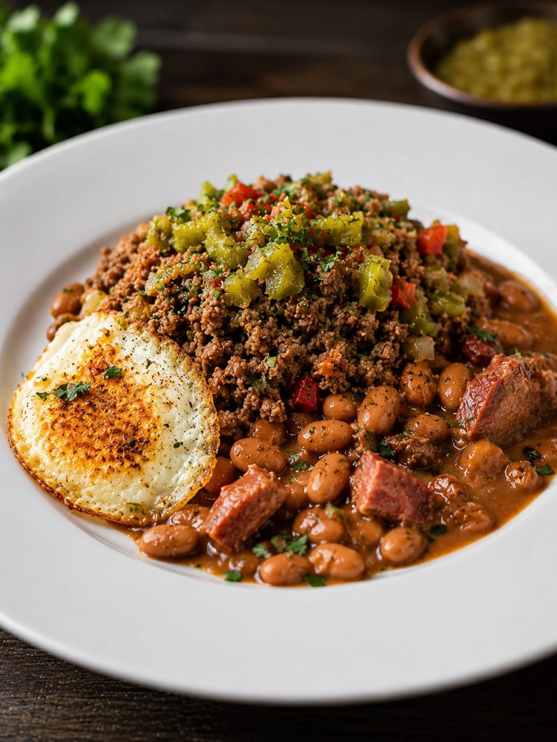 Hearty chili with ground beef, beans, sausage, green chiles, and a fried egg on a white plate.
