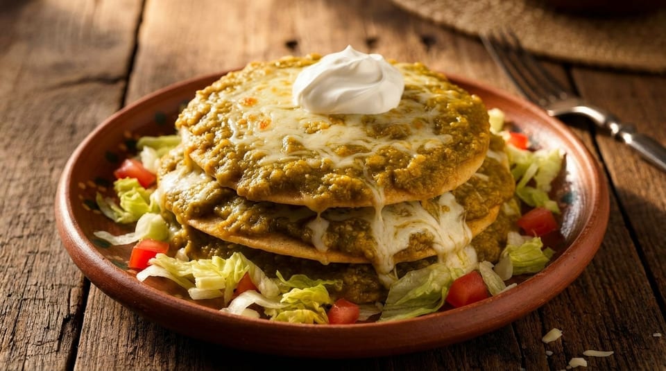 Stacked green chile enchiladas with melted cheese, sour cream, lettuce, and tomatoes on a rustic plate.