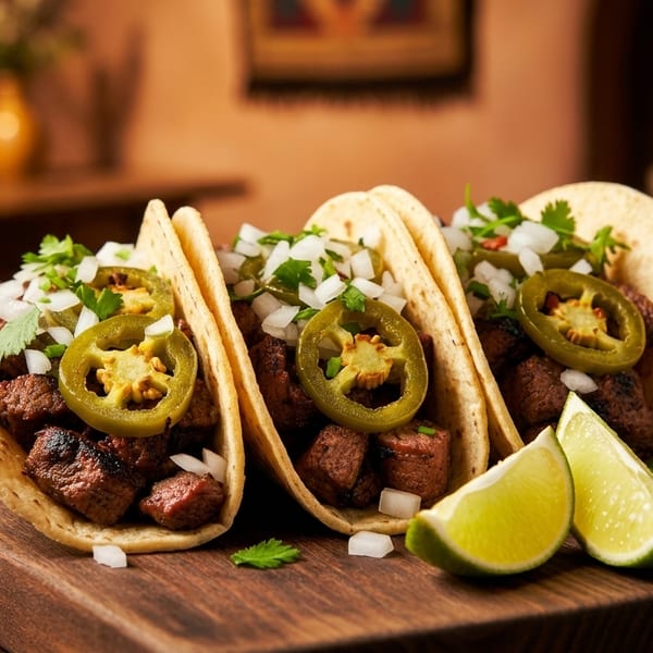 Three street tacos with steak, onions, cilantro, and jalapeños, served with lime wedges.