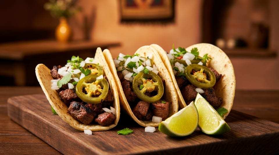 Three street tacos with steak, onions, cilantro, and jalapeños, served with lime wedges.