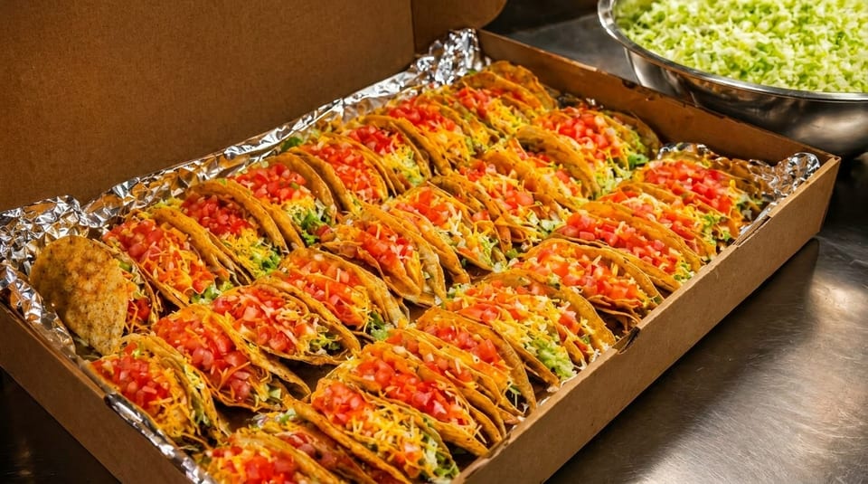 A catering box filled with rows of crispy tacos topped with lettuce, cheese, and diced tomatoes.