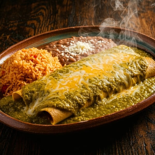 Steaming green enchiladas covered in cheese, with rice and refried beans on a rustic wooden table.