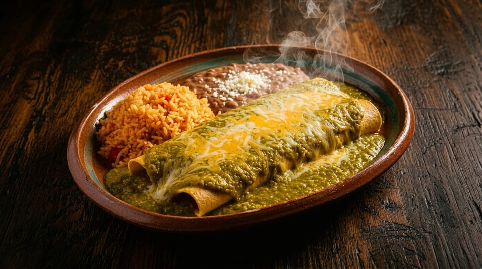 Steaming green enchiladas covered in cheese, with rice and refried beans on a rustic wooden table.