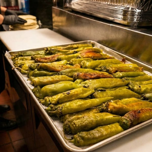 A chef in a commercial kitchen prepares tortillas next to a tray of roasted green peppers.