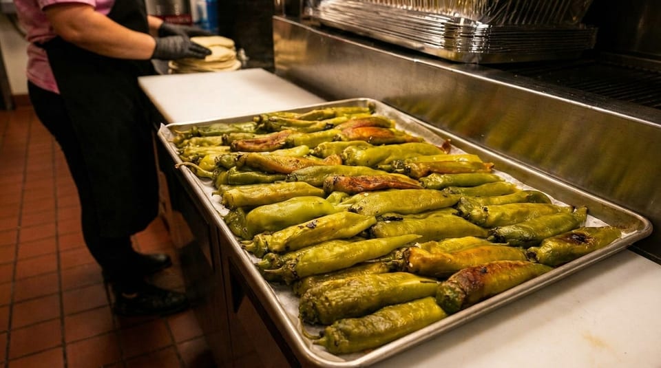 A chef in a commercial kitchen prepares tortillas next to a tray of roasted green peppers.